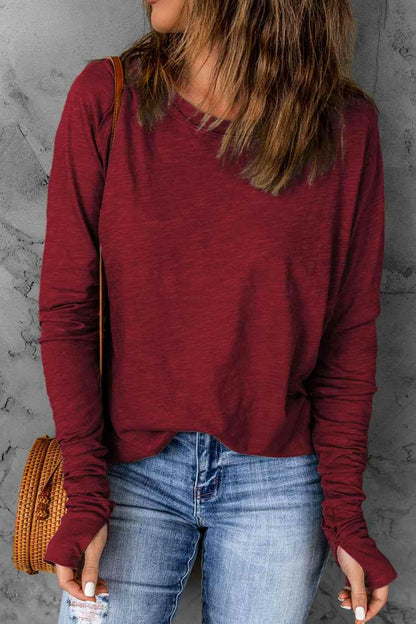 Thumbhole Long Sleeve Round Neck Top.