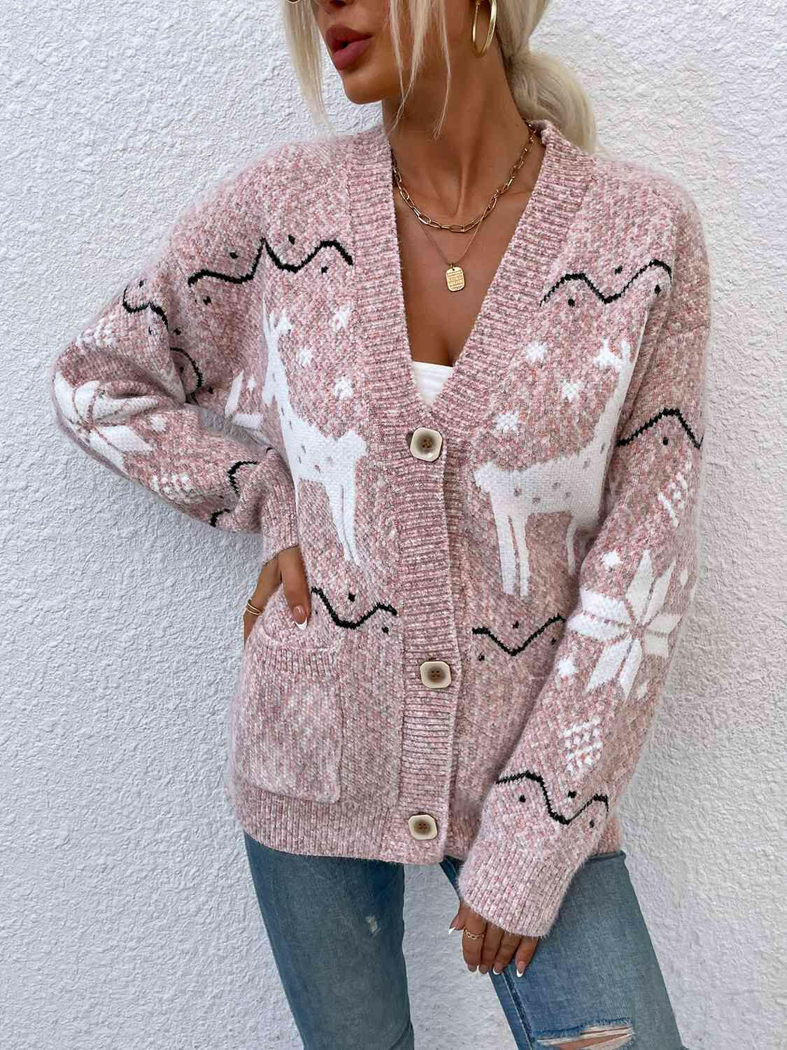 Reindeer Button Down Cardigan with Pockets.