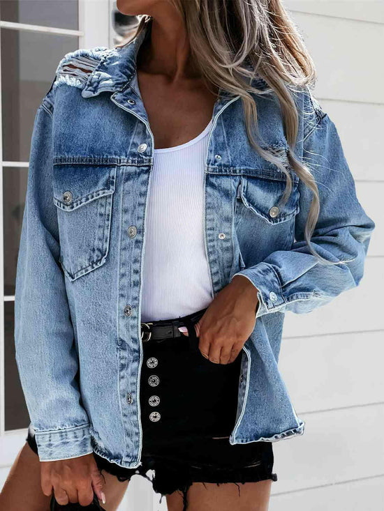 Distressed Snap Down Denim Jacket.