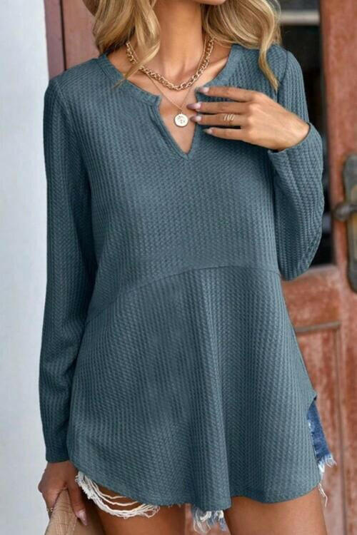 Waffle-Knit Notched Long Sleeve Blouse.