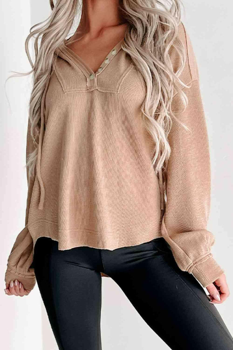 Buttoned Drop Shoulder Drawstring Hoodie.