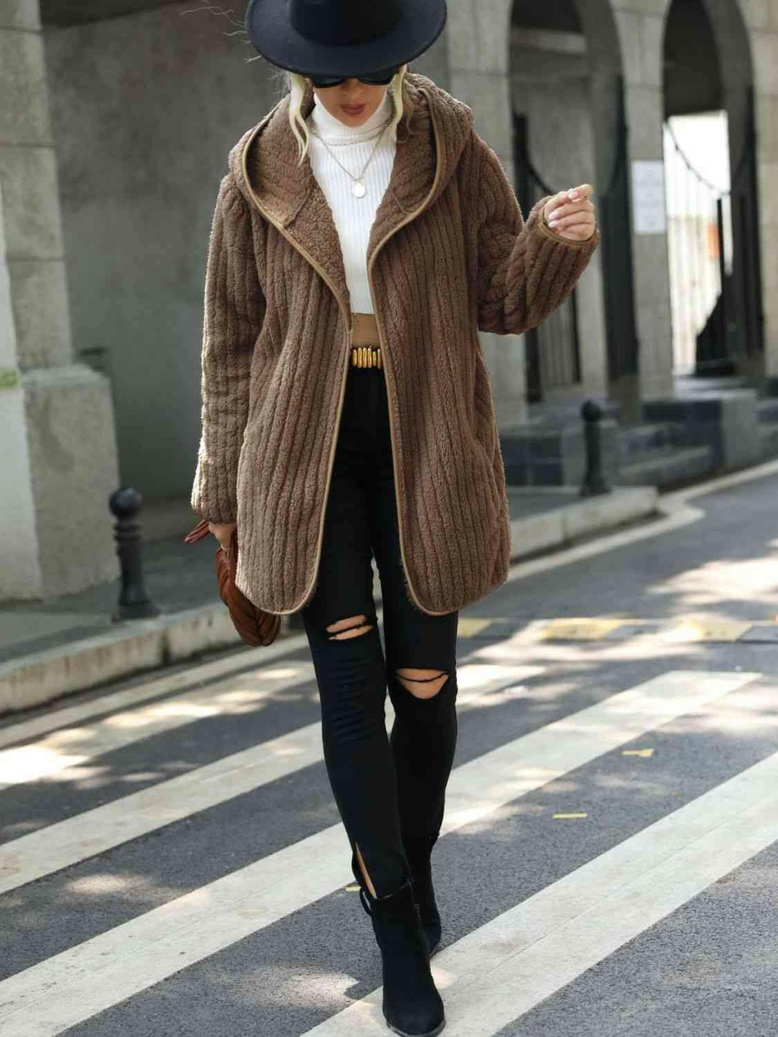 Open Front Ribbed Hooded Coat.