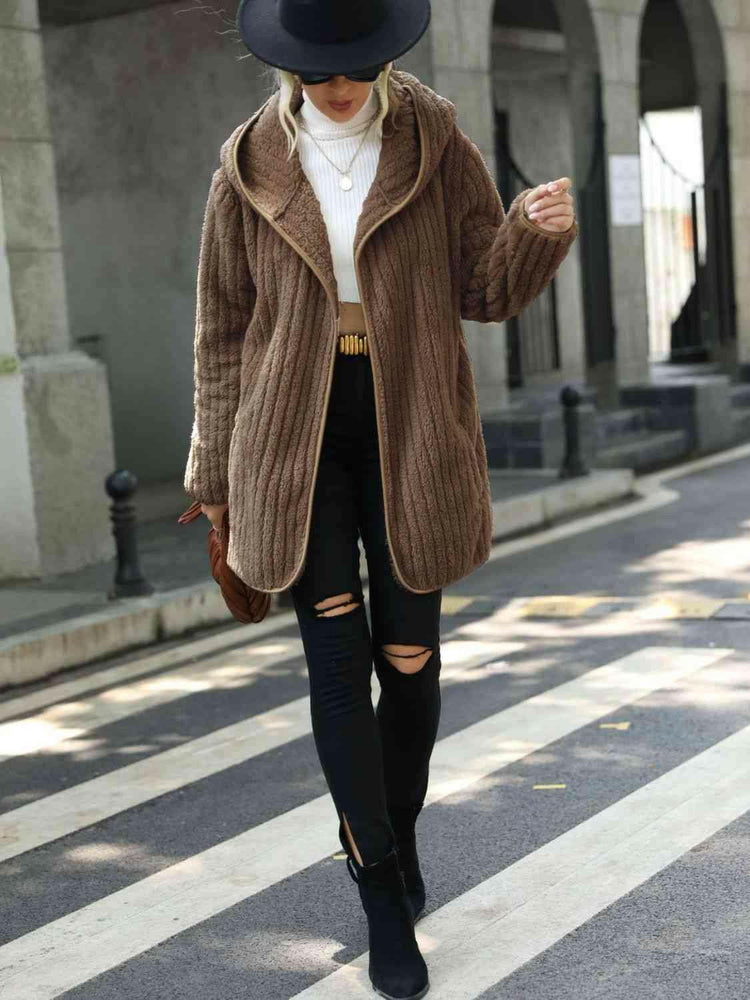 Open Front Ribbed Hooded Coat.