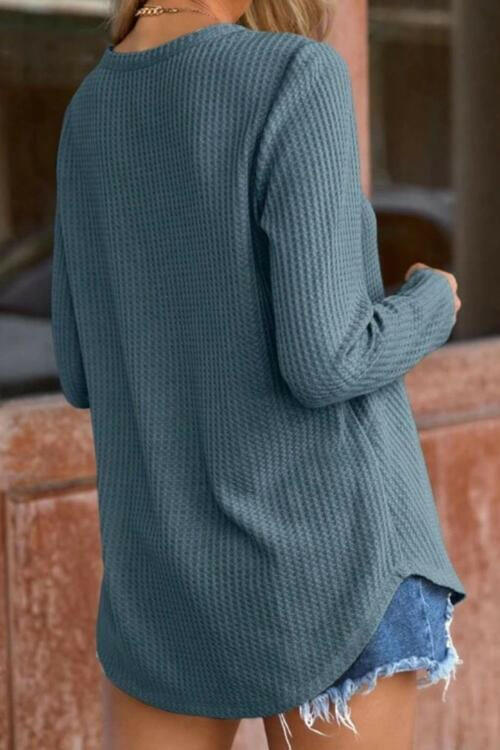 Waffle-Knit Notched Long Sleeve Blouse.